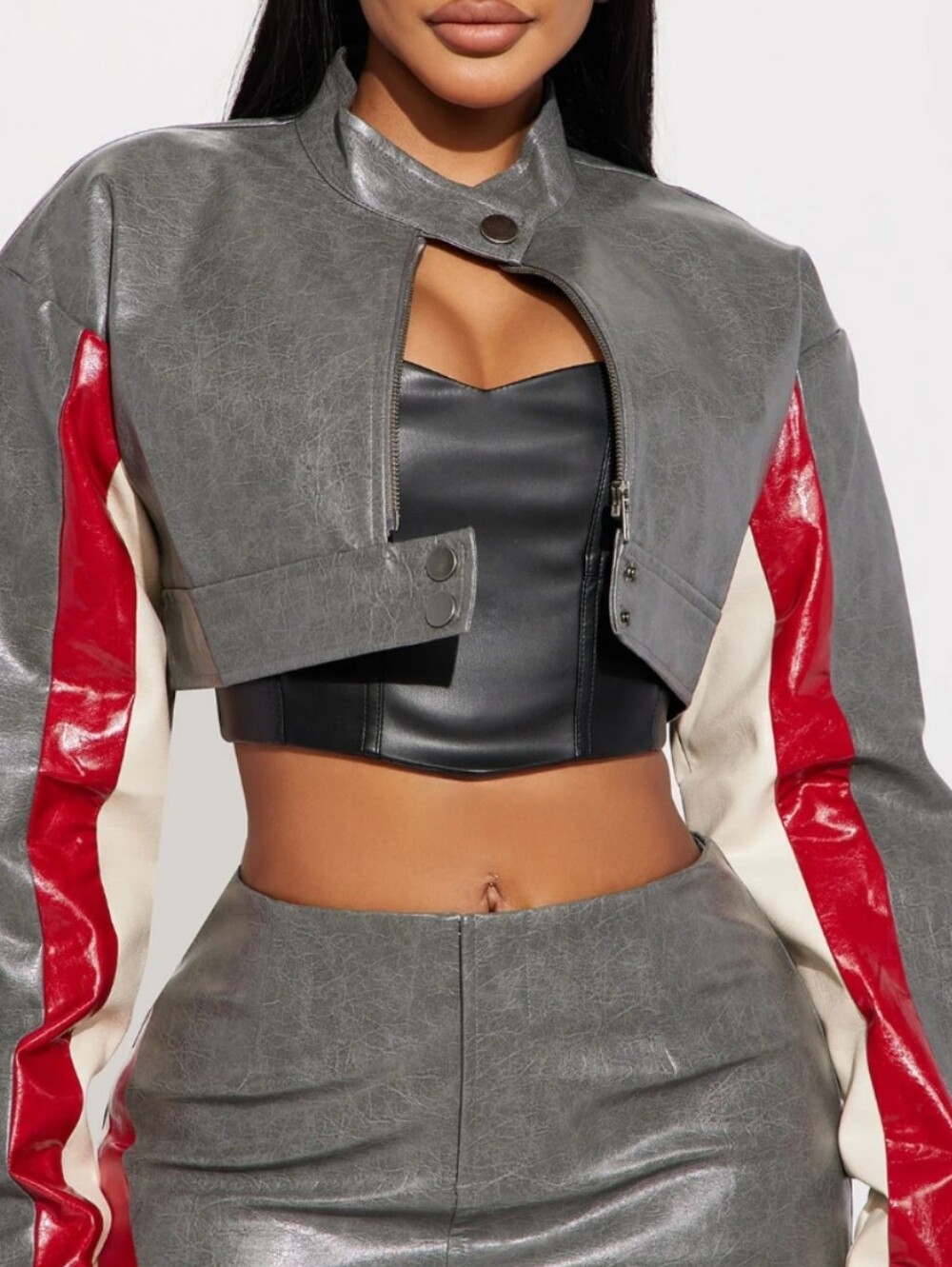 Fashion Nova Gray Cropped Faux-Leather Jacket with Red and Cream Sleeve Panels